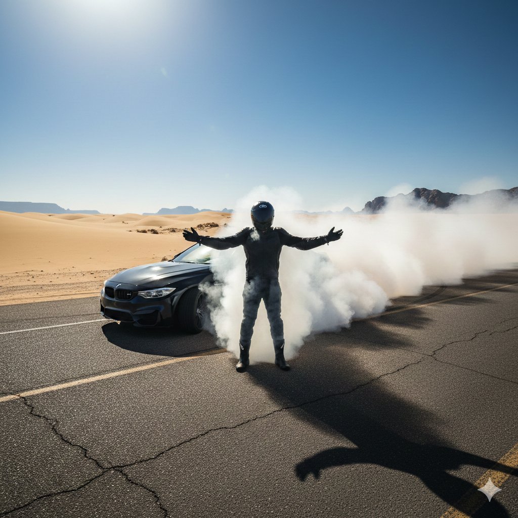 AI Prompt for Desert Drifting Scene with Heroic Figure