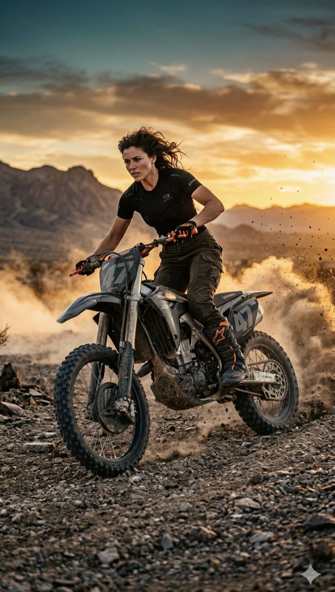 AI Prompt for Desert Motocross Female Rider at Sunset