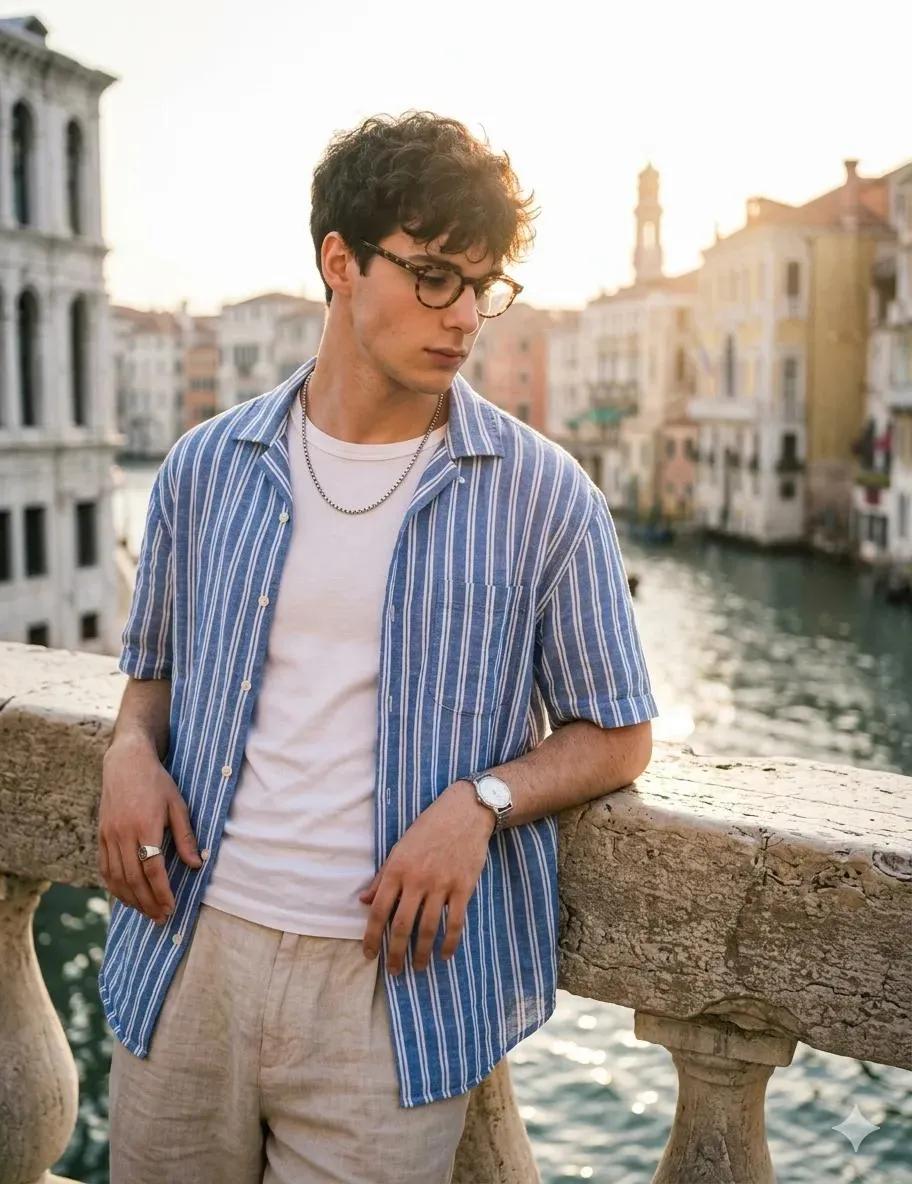 AI Prompt for Detail-Centric Portrait of Male Figure on Venice Landmark During Sunset