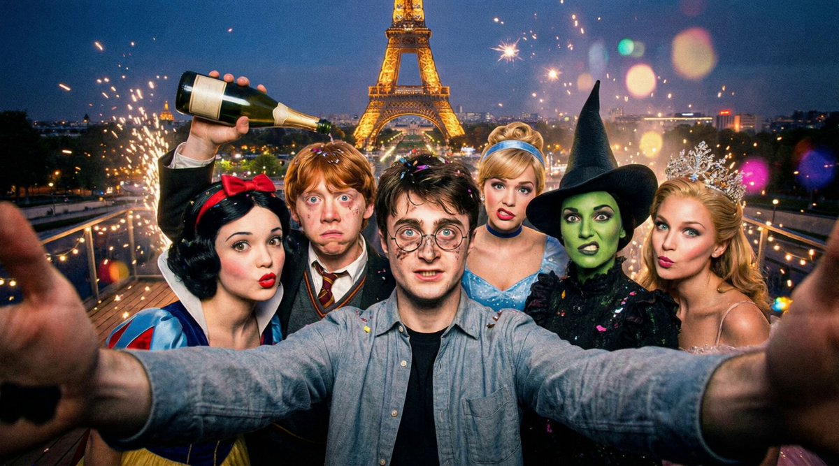 AI Prompt for Detailed Drunk Selfie Scene on Rooftop with Magical Party Elements