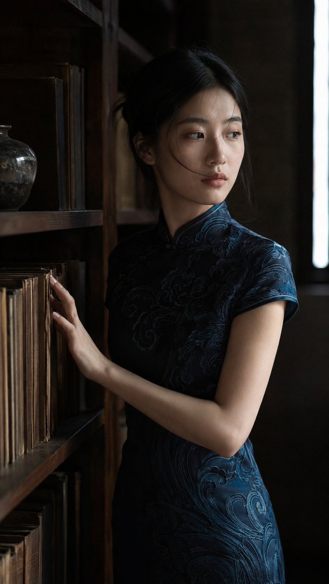 AI Prompt for Detailed Qipao Portrait with Bookshelf