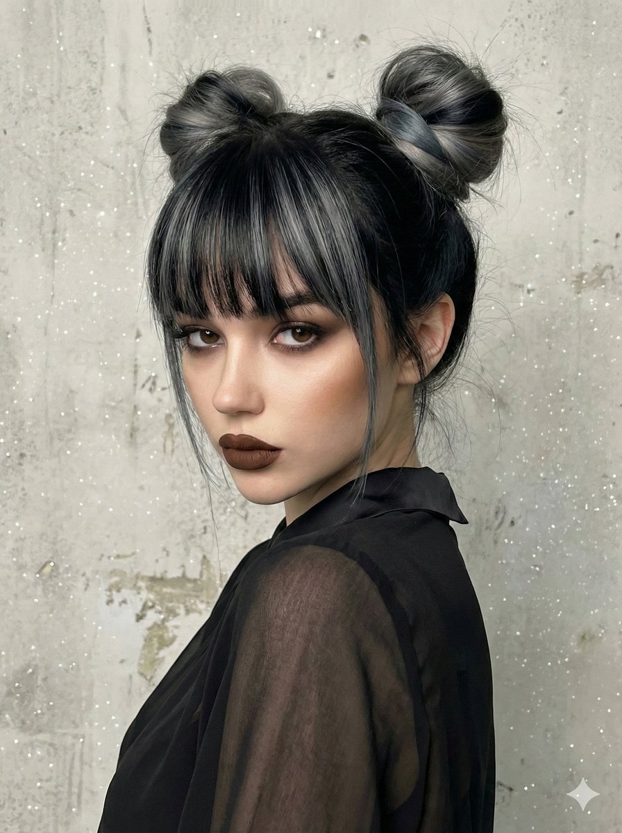 AI Prompt for Detailed Studio Portrait with Space Buns and Glitter Overlay