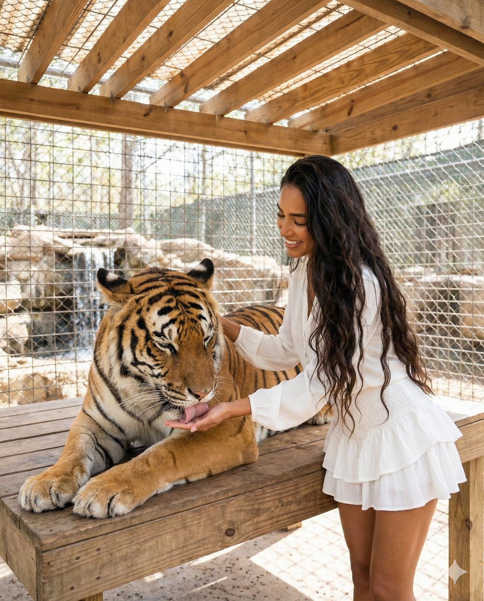 AI Prompt for Detailed Wildlife Photography: Woman Interacting with Bengal Tiger