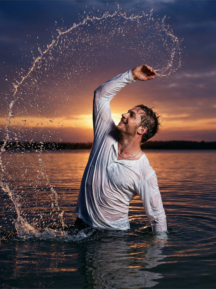 AI Prompt for Dramatic Male Sunset Photography with Water Splash
