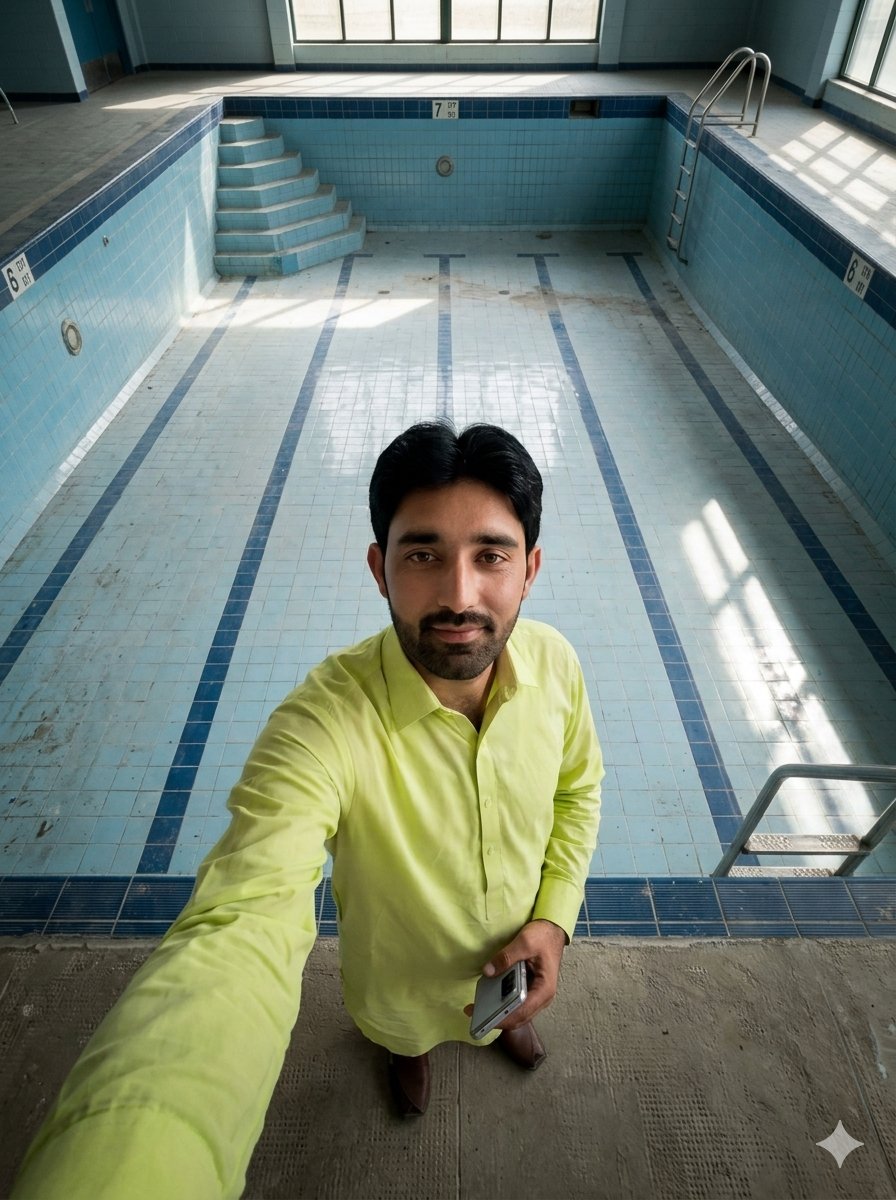 AI Prompt for Dramatic Selfie in Indoor Pool with Architectural Portraits