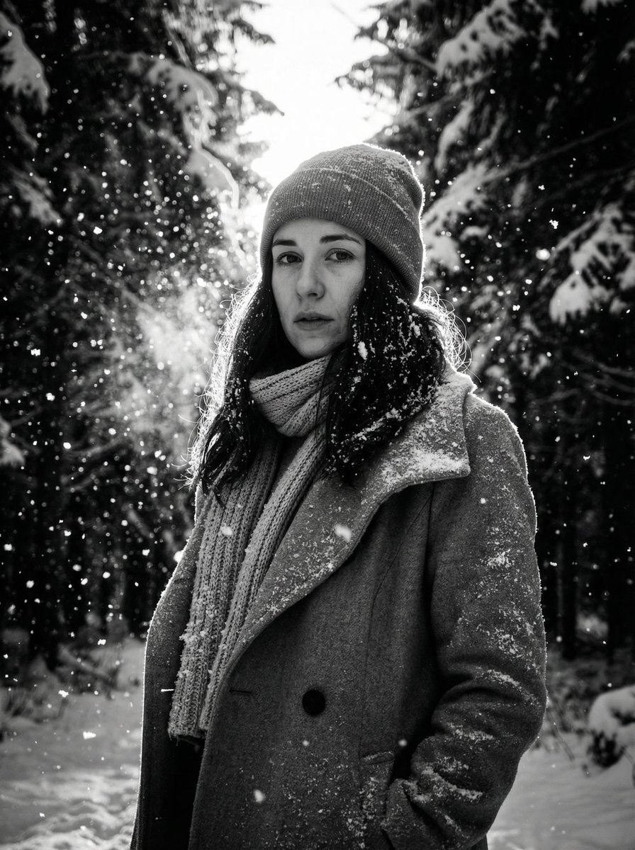 AI Prompt for Dramatic Winter Forest Portrait with Snowy Glow Effect