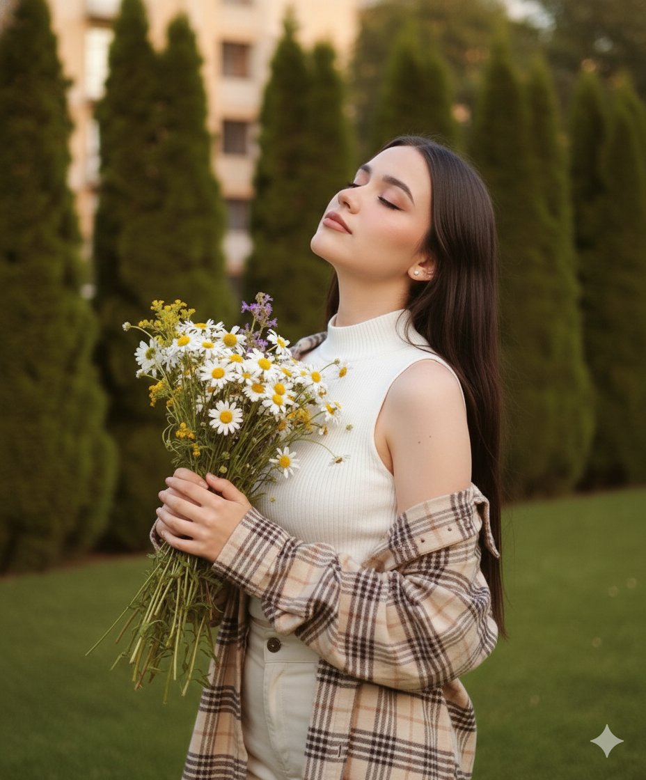 AI Prompt for Dreamy Cinematic Portrait with Wild Bouquet in Golden Hour
