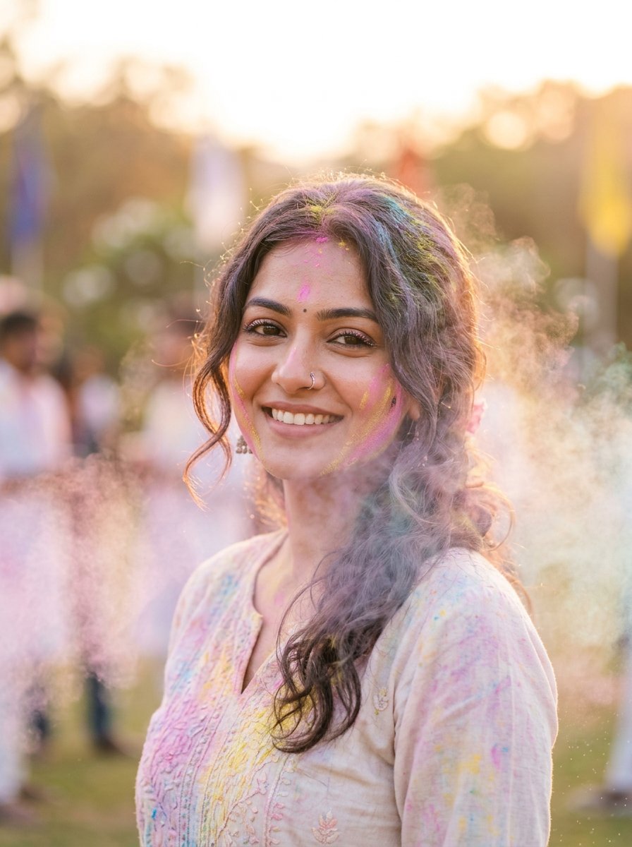AI Prompt for Dreamy Holi Festival Portrait with Pastel Elegance