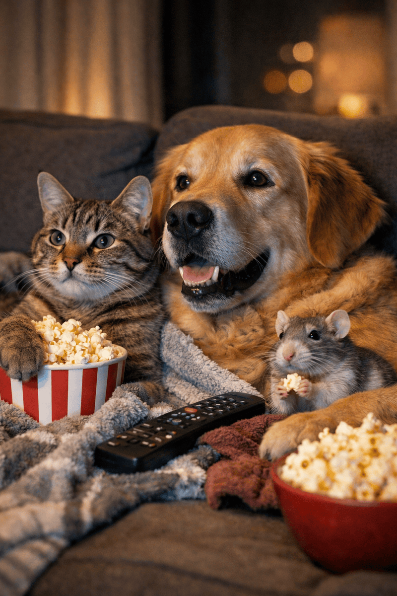 AI Prompt for DSLR-Style Animal Movie Night Photo
