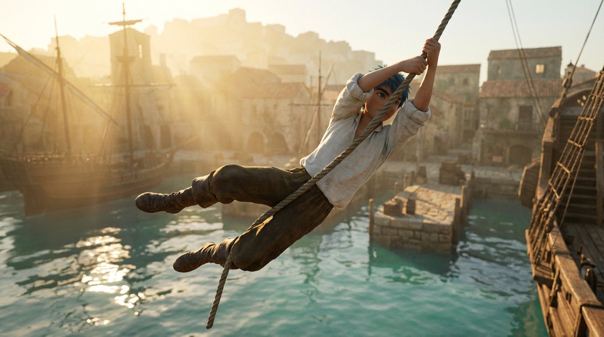 AI Prompt for Dynamic Action Scene with Character on Rope
