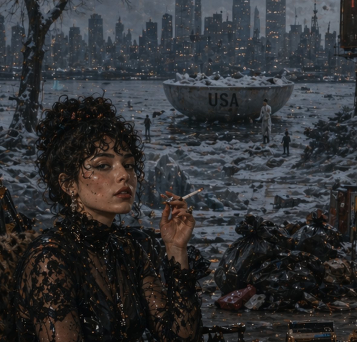 AI Prompt for Dystopian Urban Fine Art Photography with a Frozen Waterfront