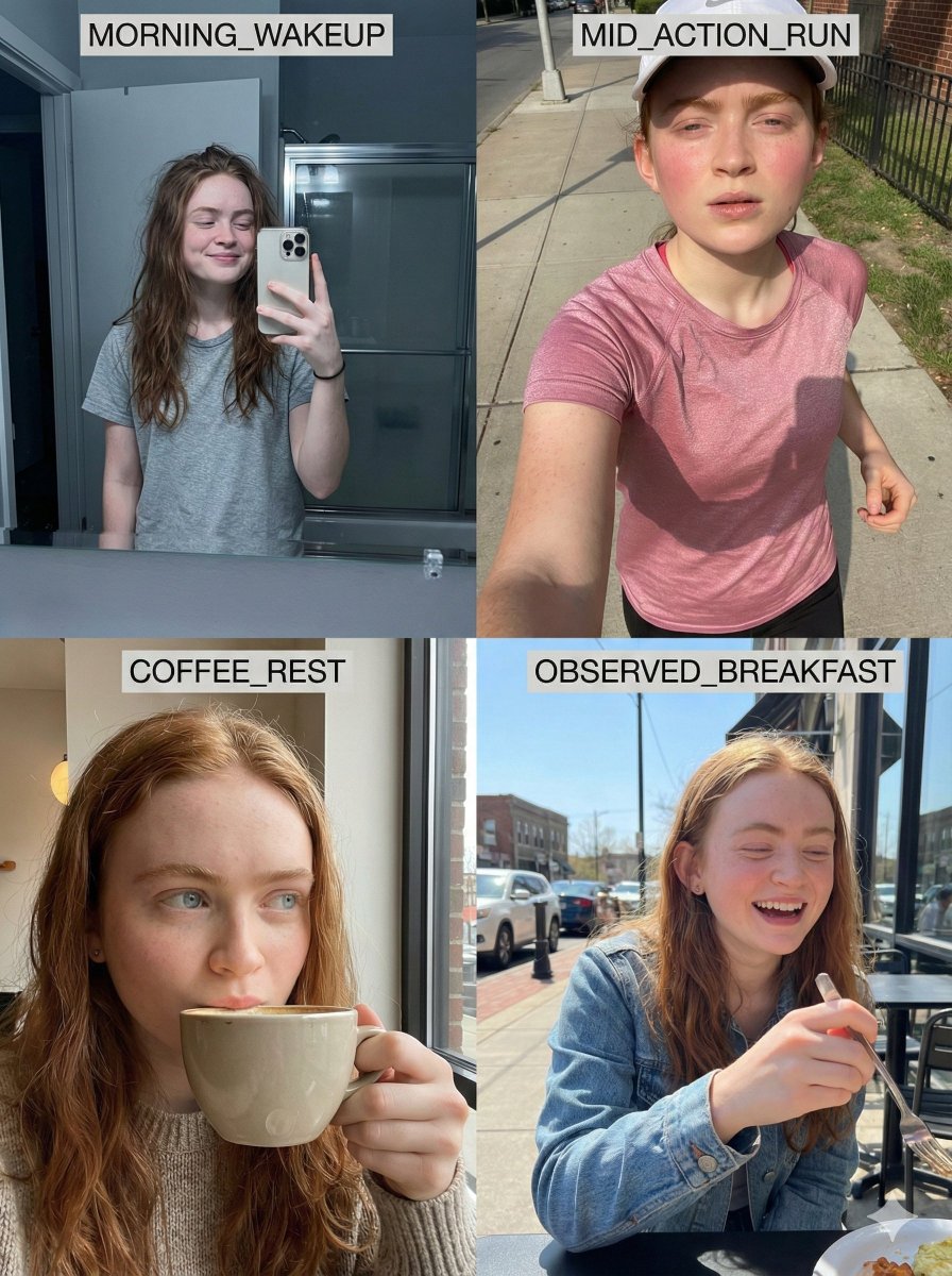 AI Prompt for e-commerce and social media: 8K RAW Consistent Identity Daily Routine Grid with Sadie Sink likeness