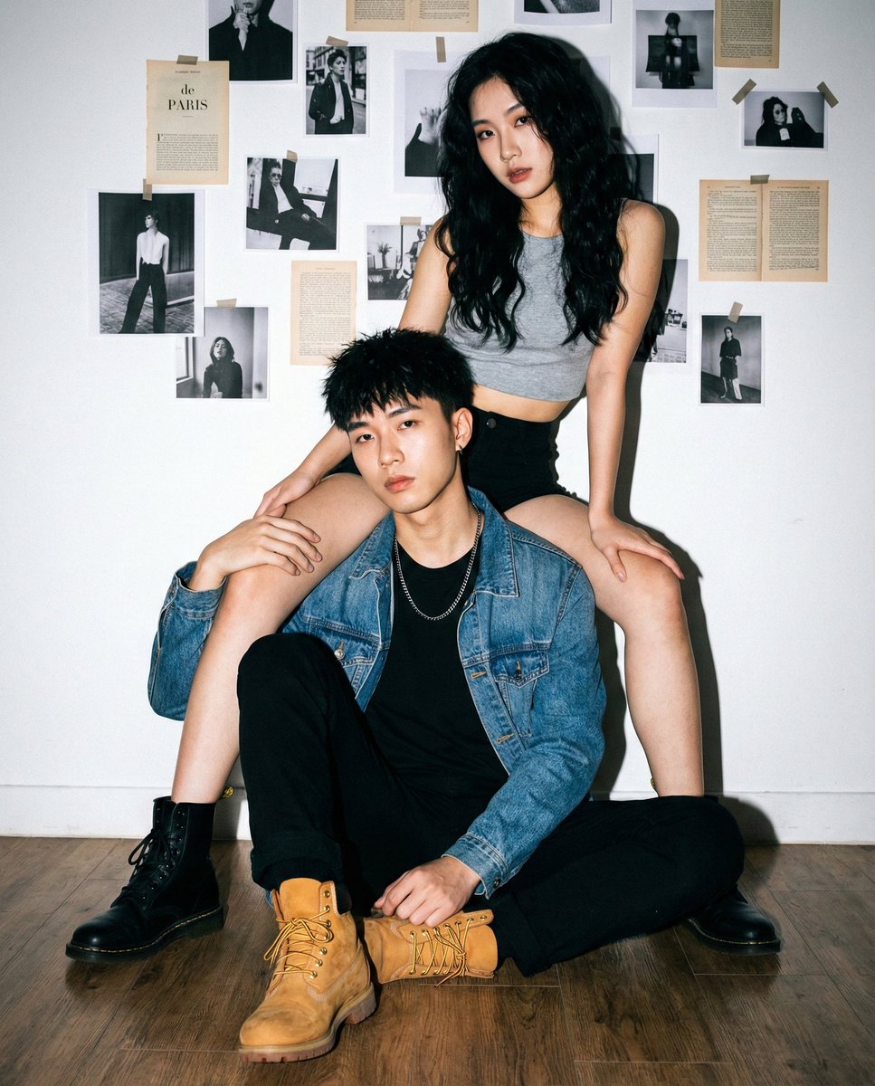 AI Prompt for Edgy Couple Portrait with Mismatched Boots and Flash Lighting Effects