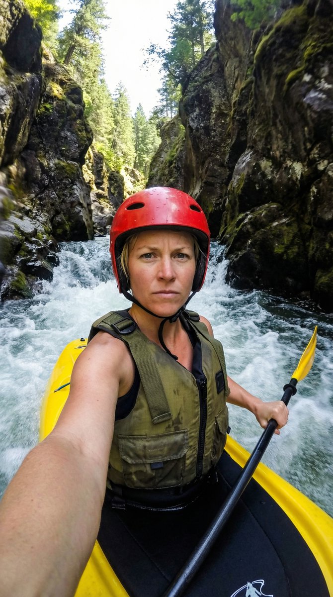 AI Prompt for Epic Action Kayaking Selfie with Dramatic Lighting