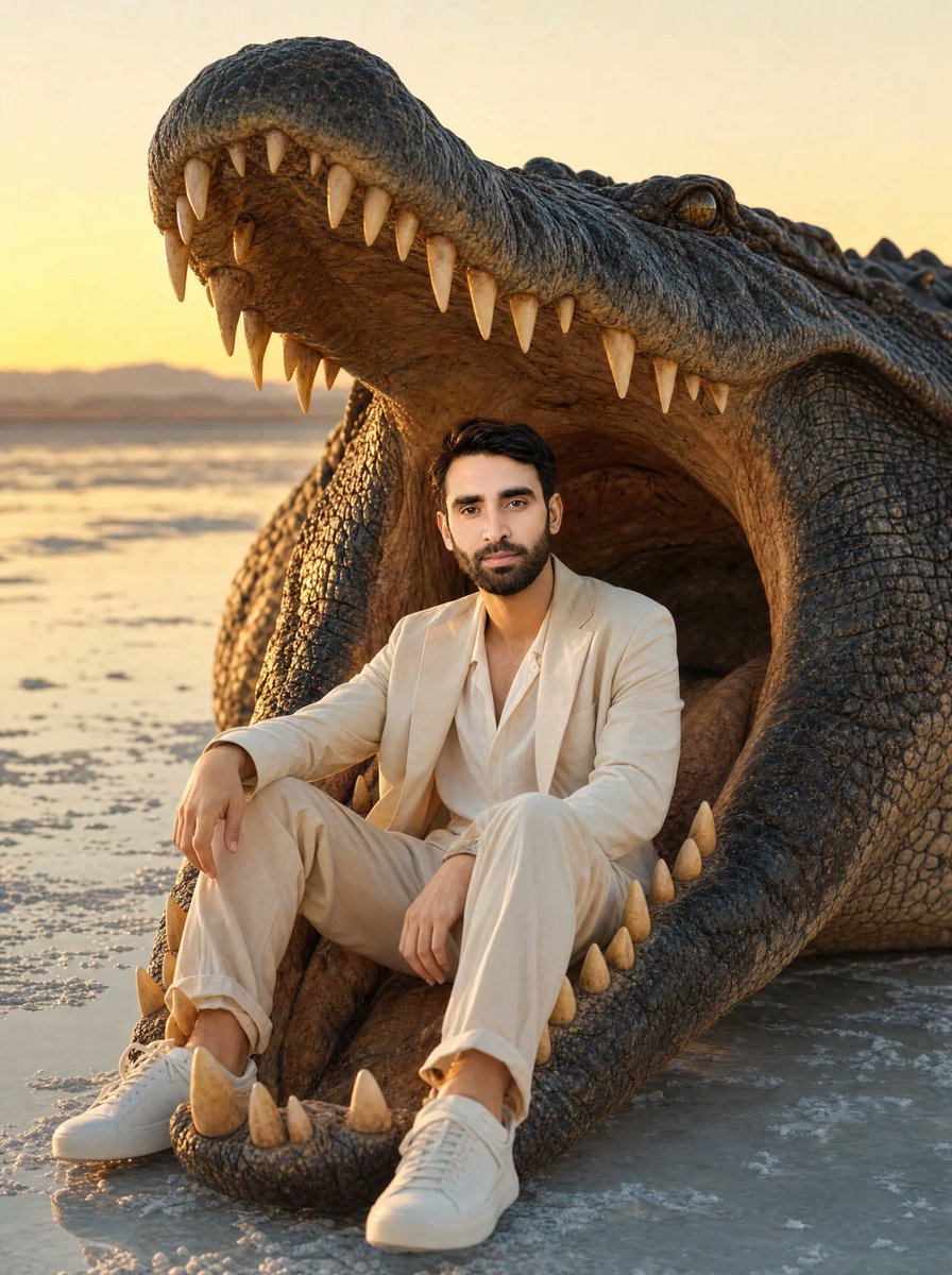 AI Prompt for Epic Adventure Posters: Stylish Man Inside Giant Crocodile Mouth on Sunset Salt Flat