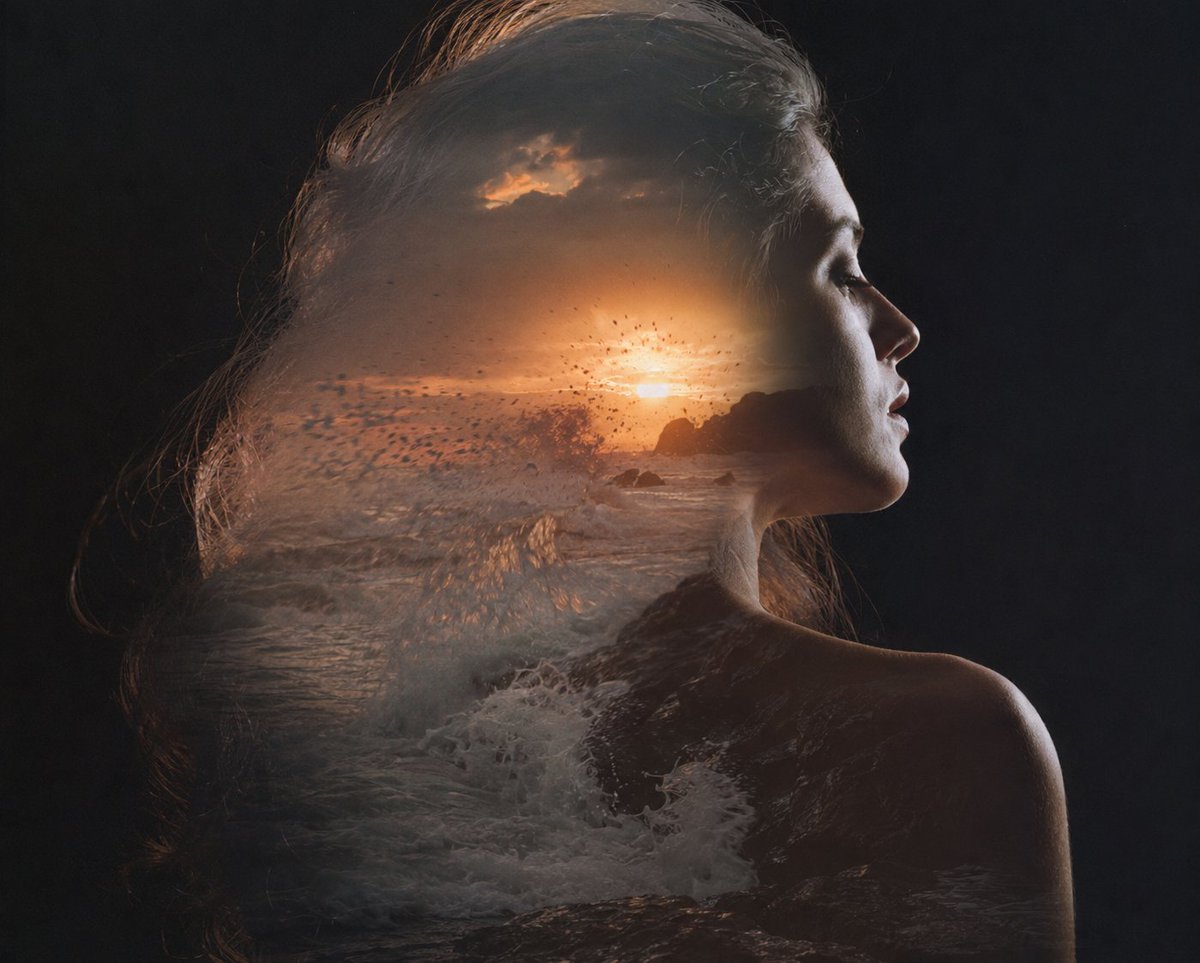 AI Prompt for Ethereal Double Exposure Portrait with Ocean Sunset and Female Profile