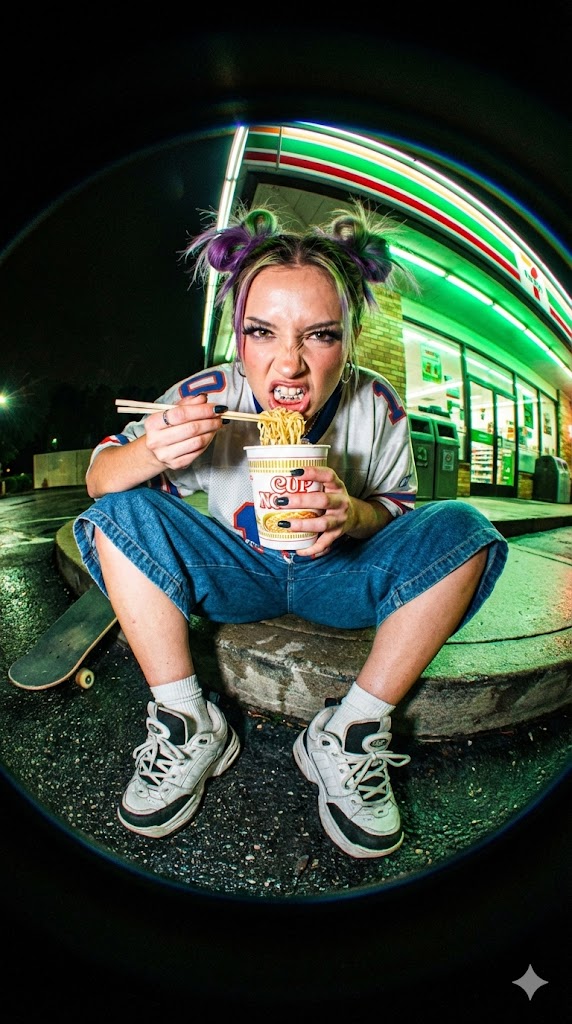 AI Prompt for Extreme Fisheye Streetwear Portrait with 90s Skate Video Vibes