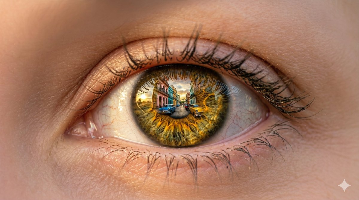 AI Prompt for Extreme Macro Portrait with Reflected Havana Scene
