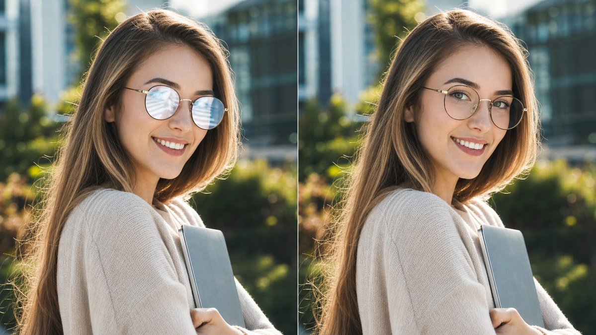 AI Prompt for Eye-Glare Removal Portraits: Photorealistic Before-After Comparisons