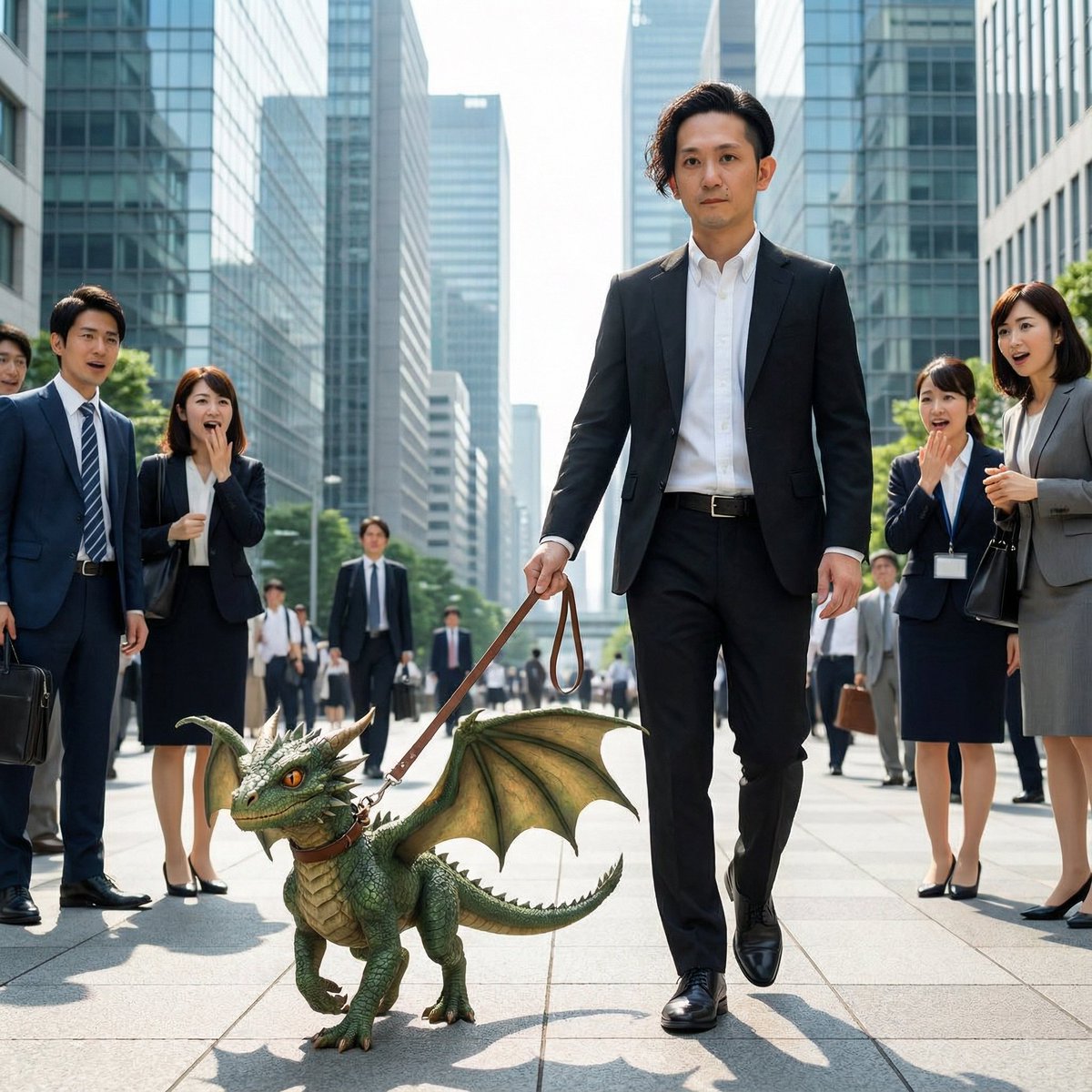 AI Prompt for Fantasy City Scene: Person Walking Dragon in Office District