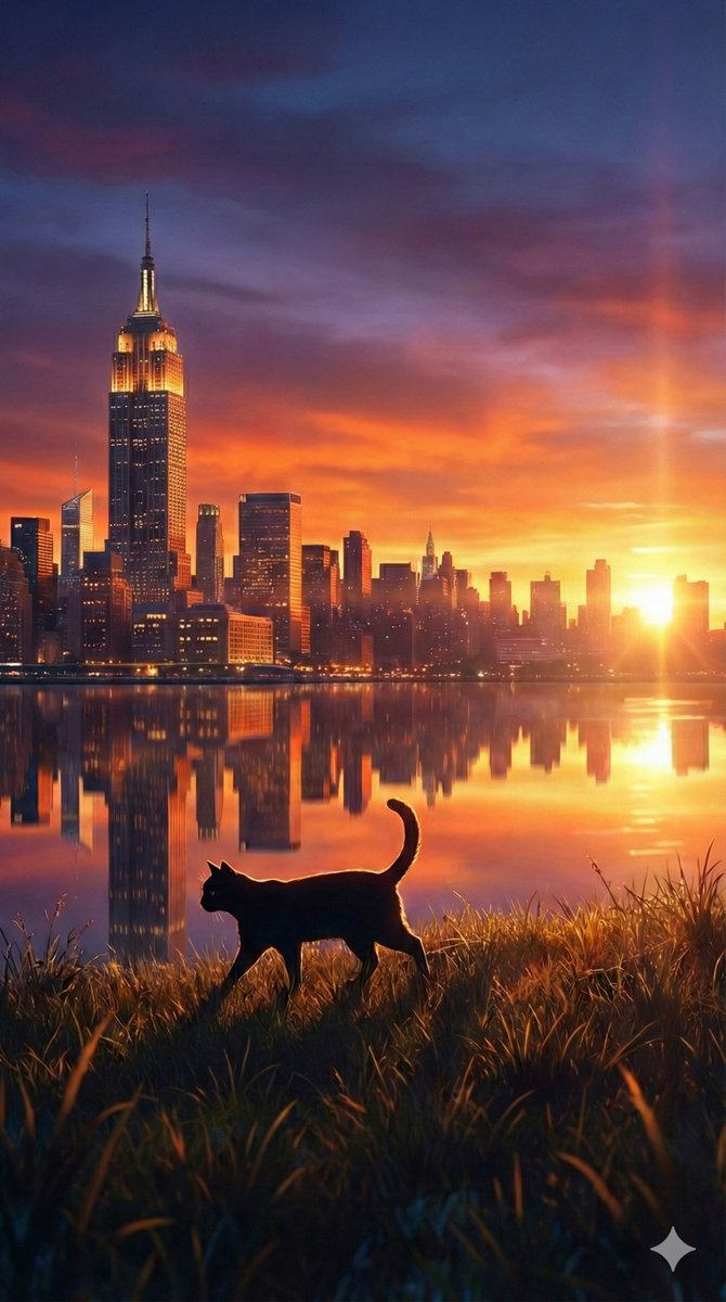 AI Prompt for Fantasy Sunset Landscape with Black Cat Silhouette and City Reflection