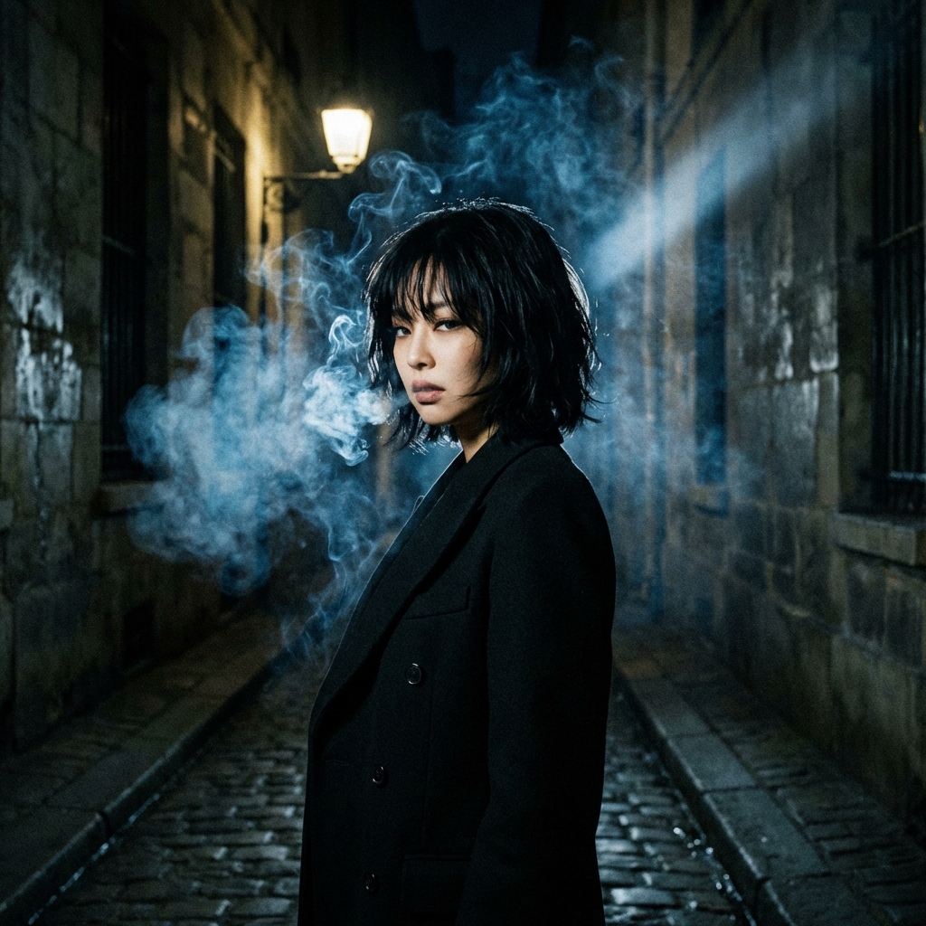 AI Prompt for Film Noir Portrait of Jennie Kim in Dark Alleyway