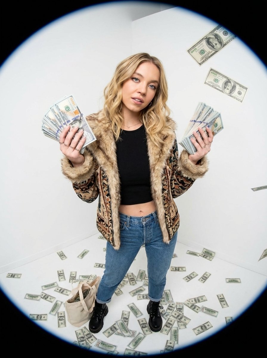 AI Prompt for Fisheye Lens Portrait with Money in a White Studio