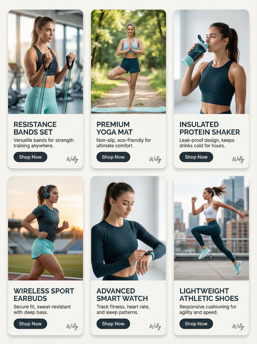 AI Prompt for Fitness Product Showcase Grids: Athletic Models and Glamorous Photoshoots