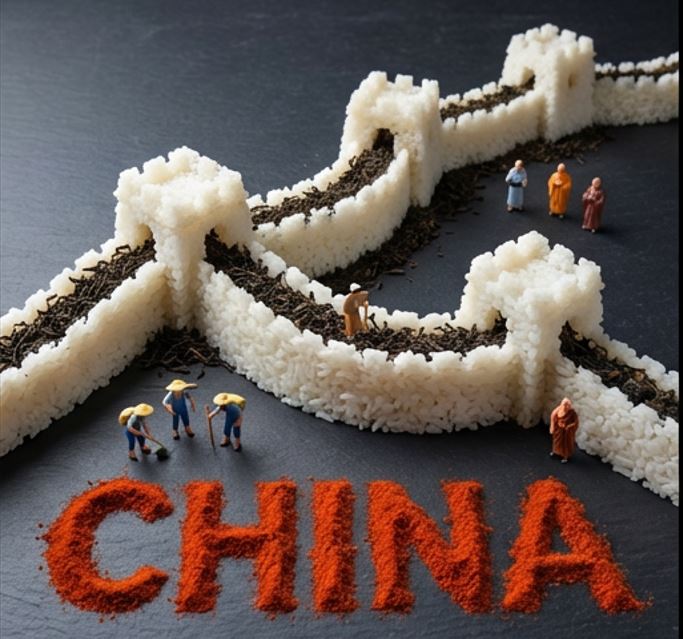 AI Prompt for Food Art Composition: Miniature Great Wall of China Diorama with Red Chili Powder Letters