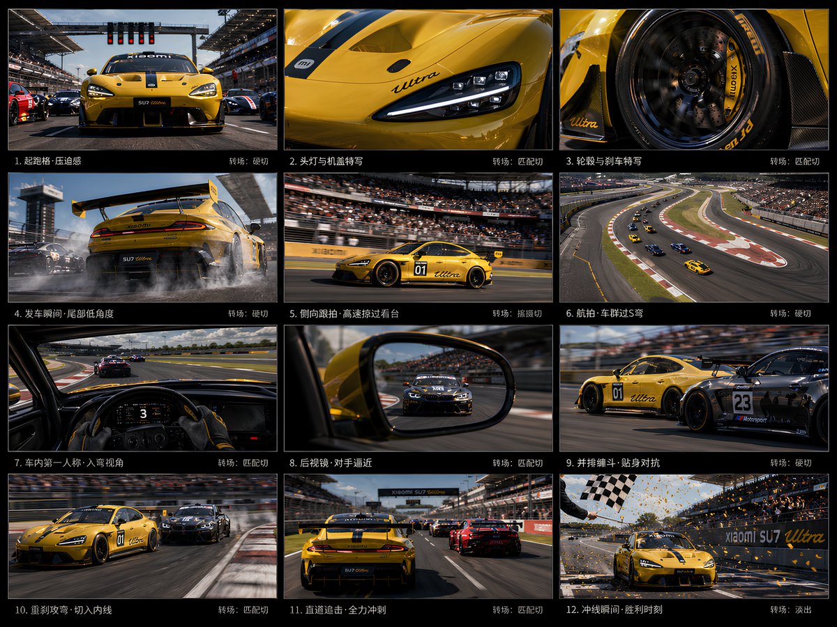 AI Prompt for Generating 12-Panel Cinematic Racing Storyboard Contact Sheet