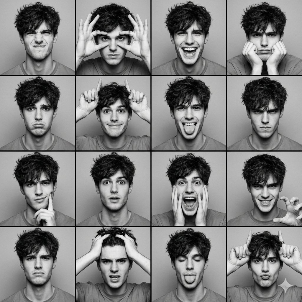 AI Prompt for Generating 16 Distinct Black-and-White Photobooth Images of a Young Man