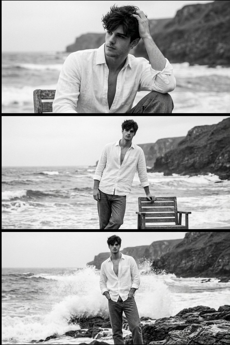 AI Prompt for Generating Aesthetic Black and White Portraits of Men by the Seashore