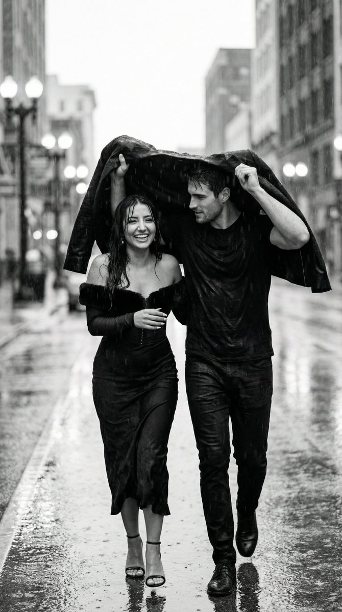 AI Prompt for Generating Moody Black and White Couple Images in Rainy City Streets
