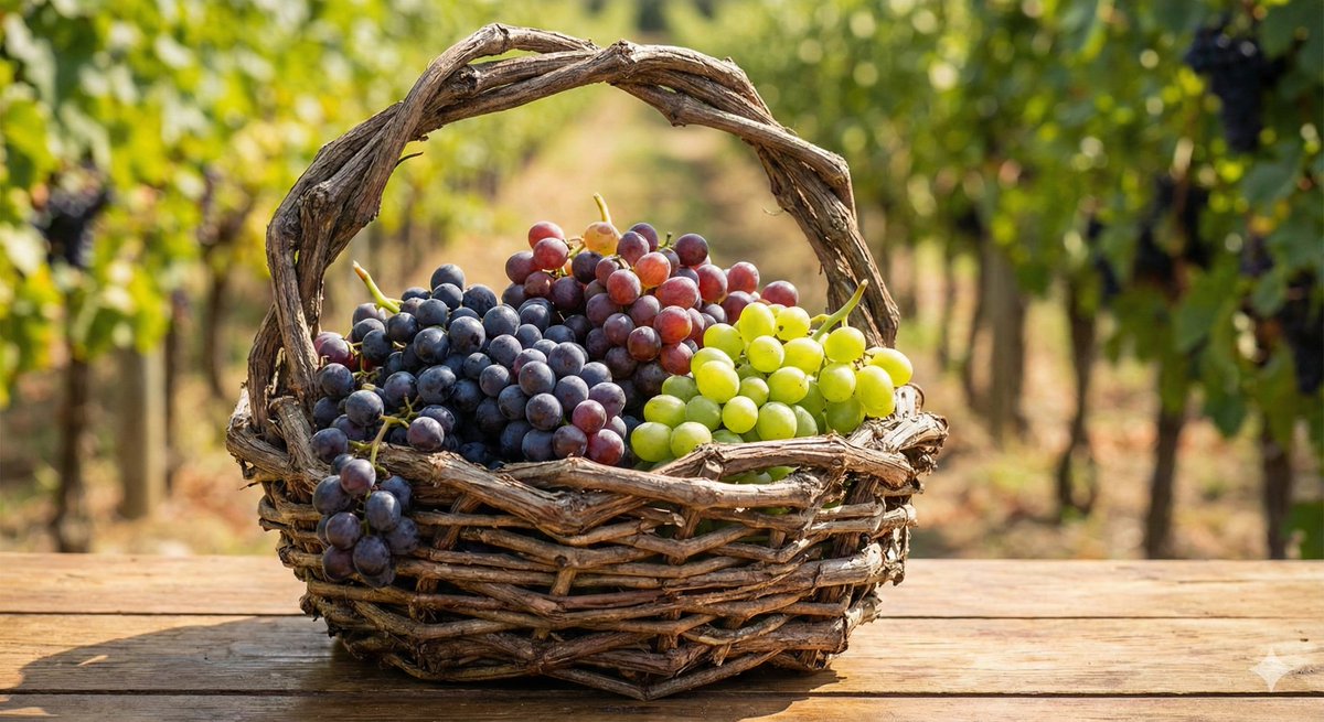 AI Prompt for Generating Realistic Grapes in a Handwoven Basket from Grape Vines