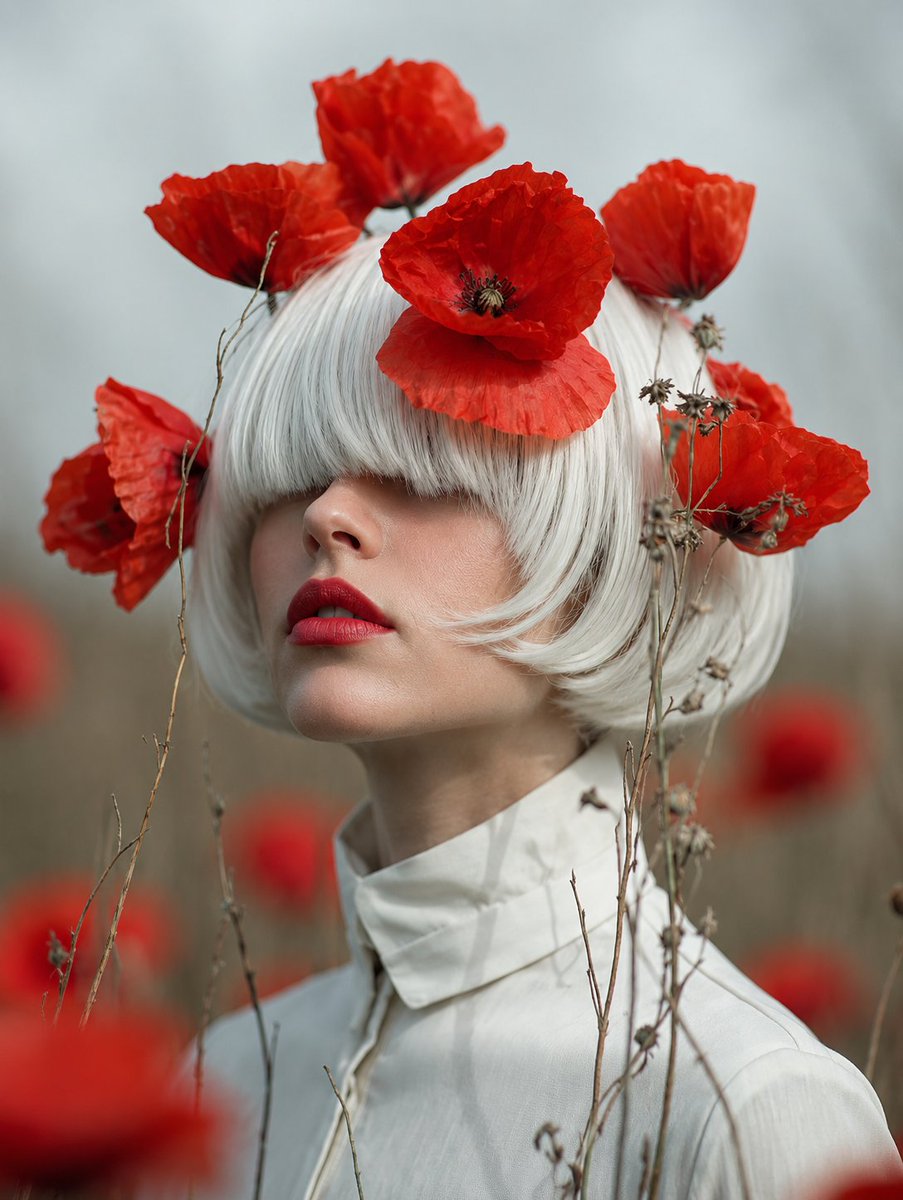 AI Prompt for Generating Surreal Female Portrait Photos in a Whimsical Red Poppies Landscape