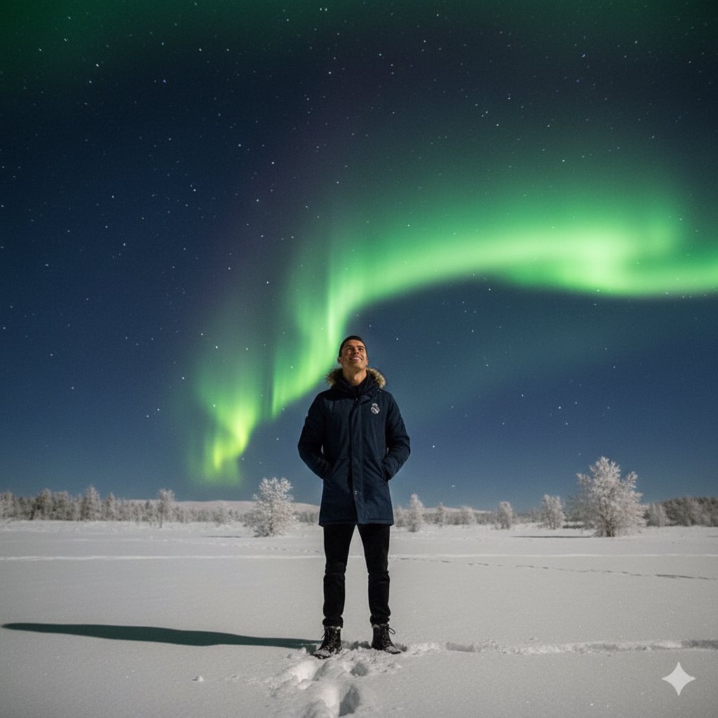 AI Prompt for Generation of Cristiano Ronaldo Portrait Under Northern Lights