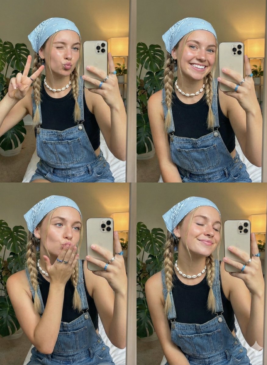 AI Prompt for Generation of Playful Selfie Portraits with Multiple Poses and Vintage Turquoise Aesthetic