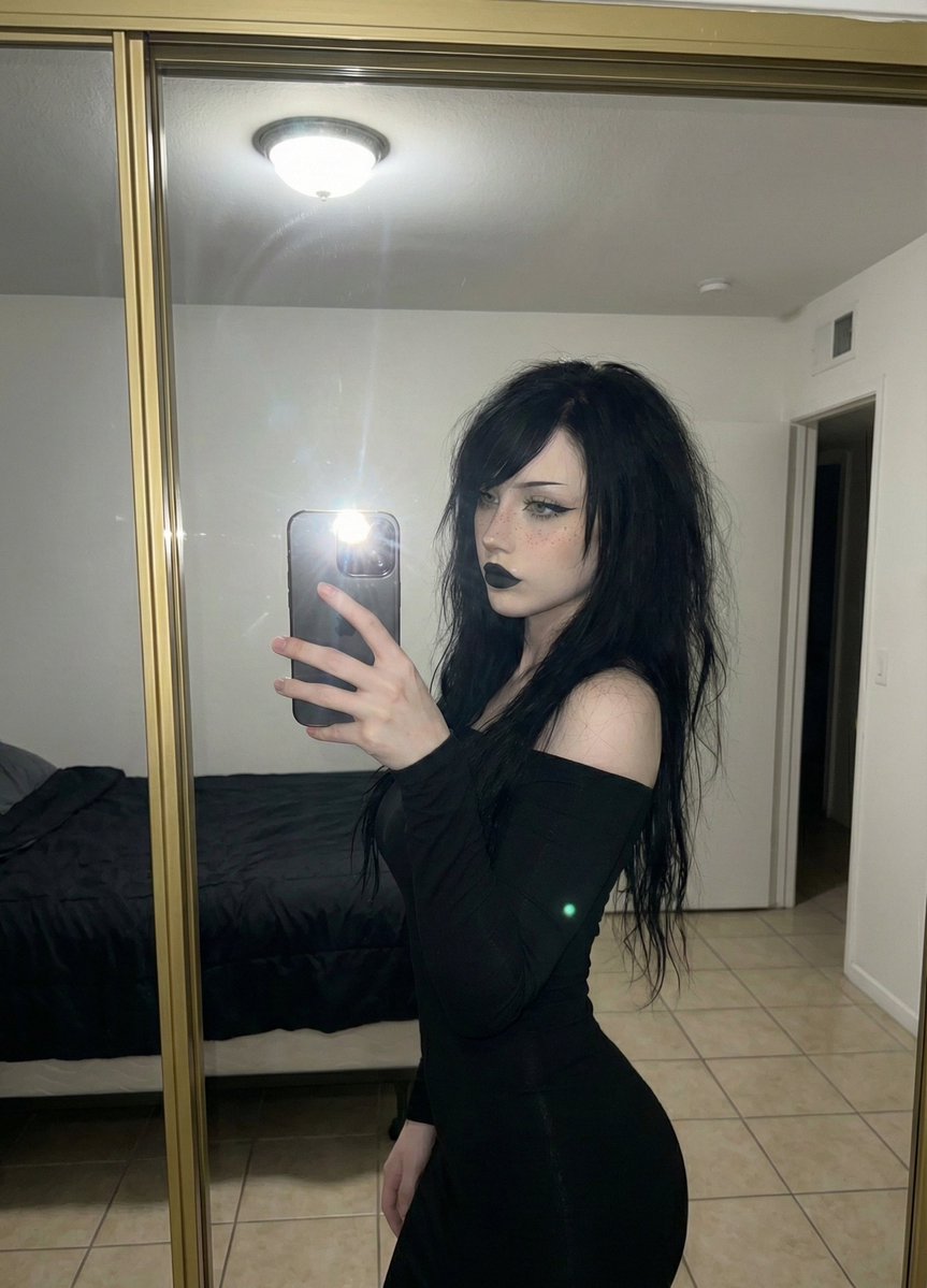 AI Prompt for Goth-Glam Portrait: High-Contrast Selfie with Flash Lighting