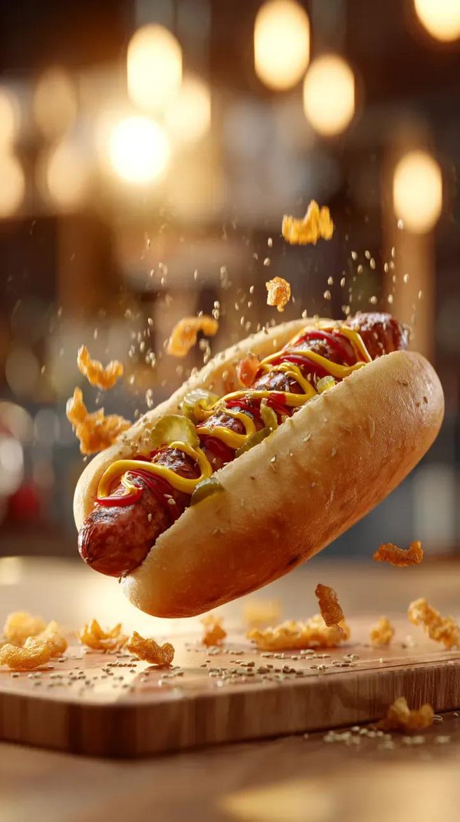 AI Prompt for Gourmet Hotdog Photography Cinematic Mid-Air Drop