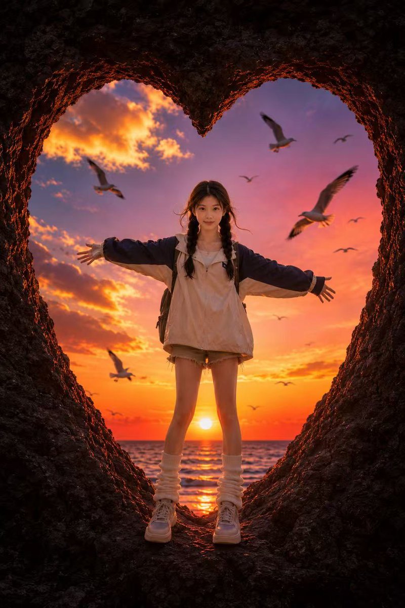 AI Prompt for Heart-Shaped Sea Cave Sunset Portrait with Cinematic Feel