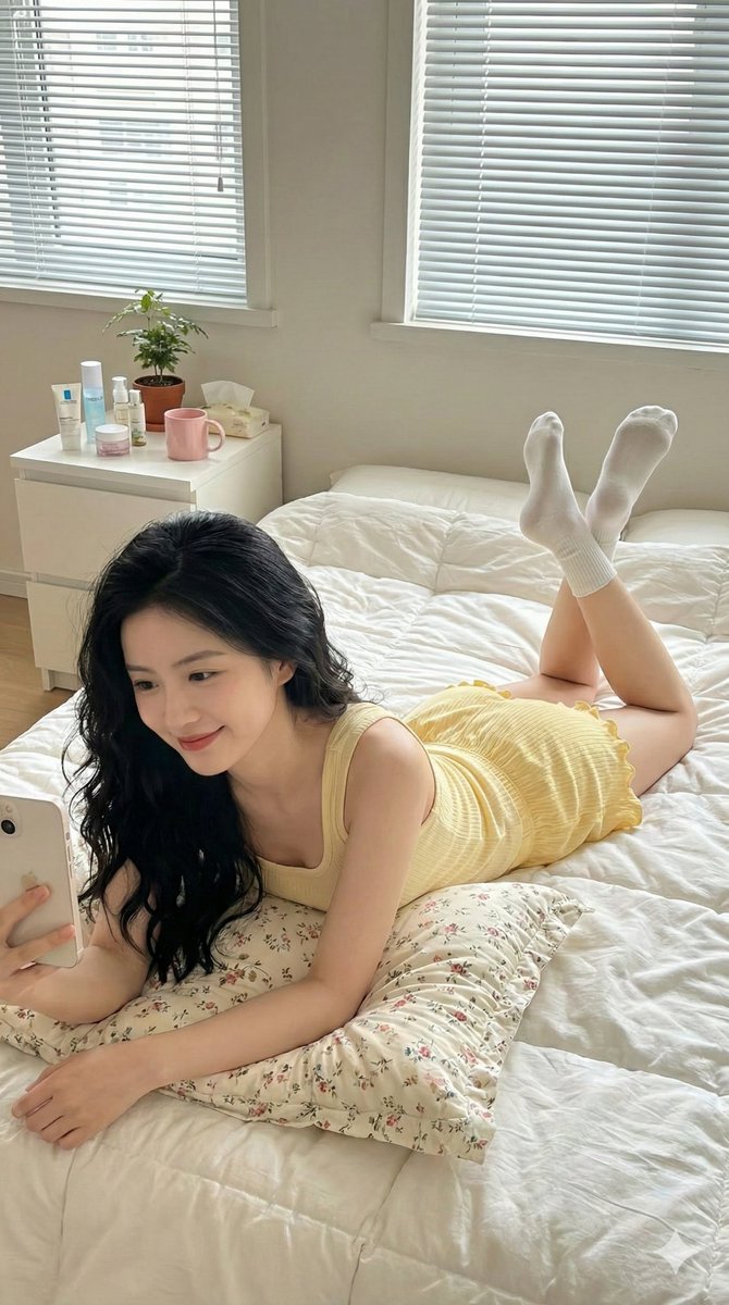 AI Prompt for High-Angle Cozy Bedroom Selfie with Natural Light