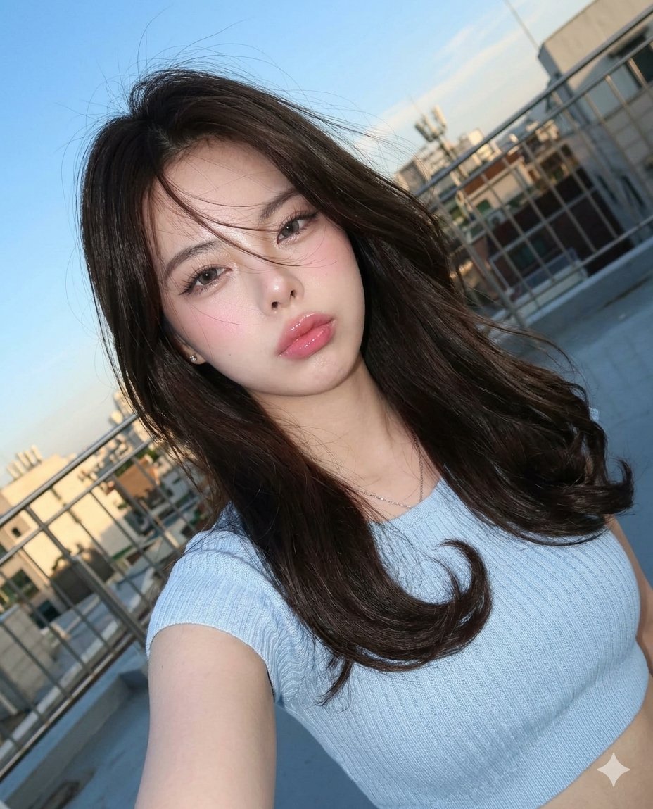 AI Prompt for High-Angle Retro Selfie with Glass-Skin Makeup