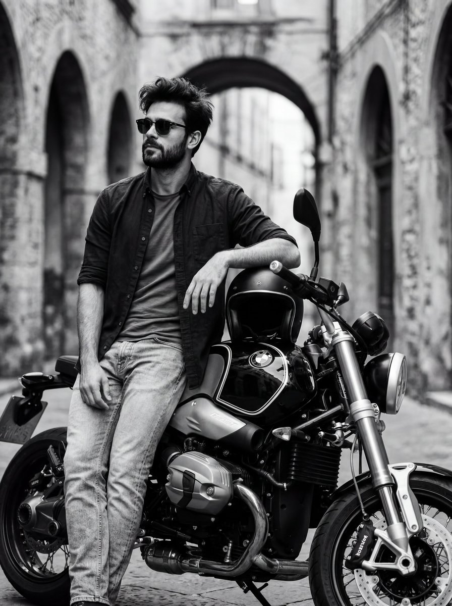 AI Prompt for High-Contrast Black and White Motorcycle Portrait Photography