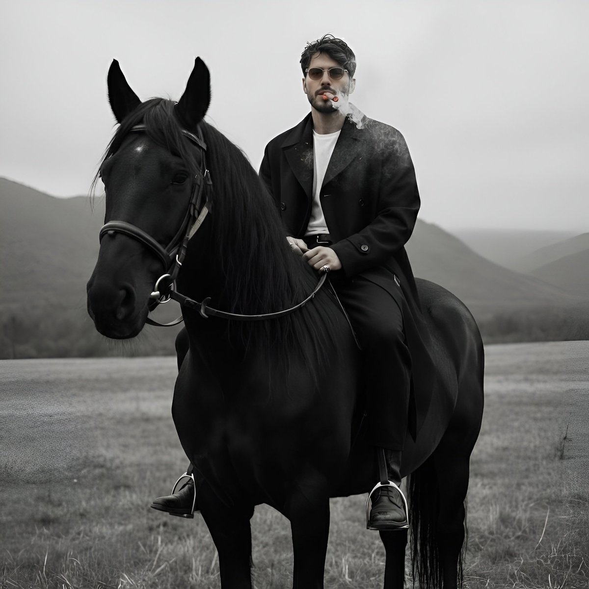 AI Prompt for High-Contrast Black and White Portrait of Man with Horse and Cigar