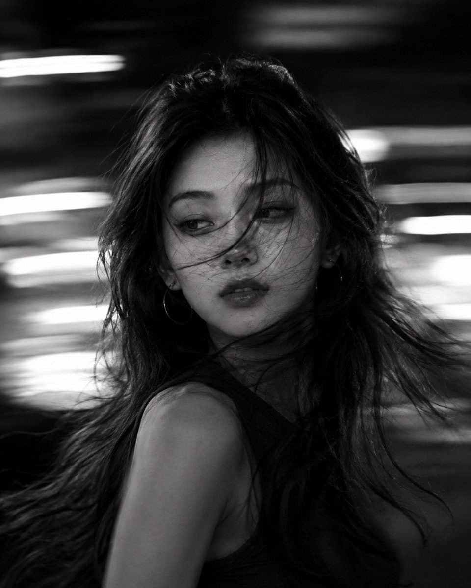AI Prompt for High Contrast B&W Portrait with Urban Night Light Effects