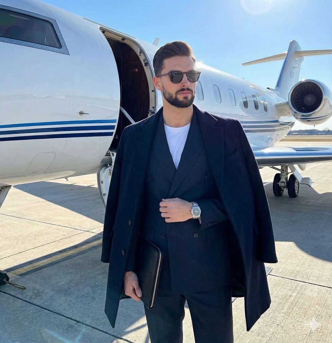 AI Prompt for High-Contrast Editorial Photo of Man Near Private Jet