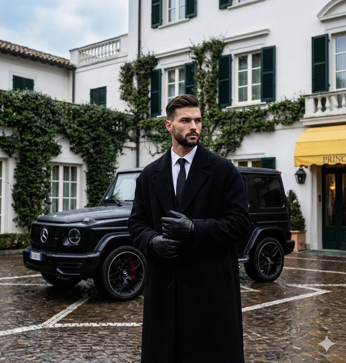 AI Prompt for High-Contrast Editorial Photography of Black Attire with Luxury Vehicles