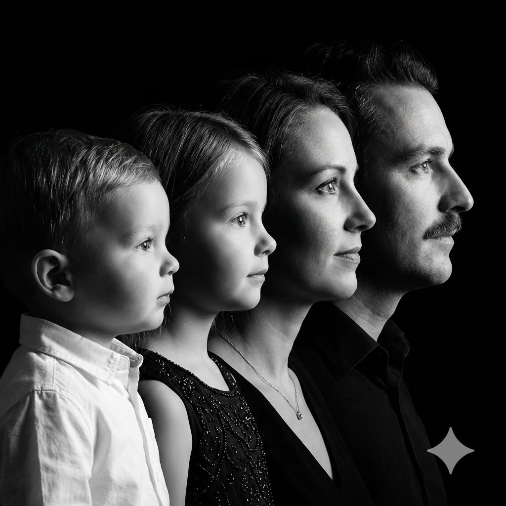 AI Prompt for High Contrast Family Portrait with Dramatic Lighting