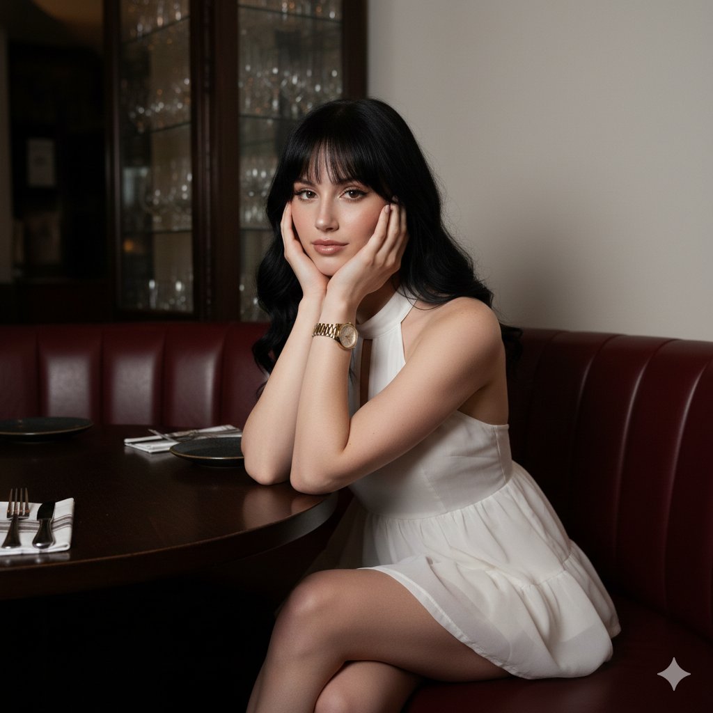 AI Prompt for High-Contrast Flash Portrait of Woman in Dimly Lit Restaurant