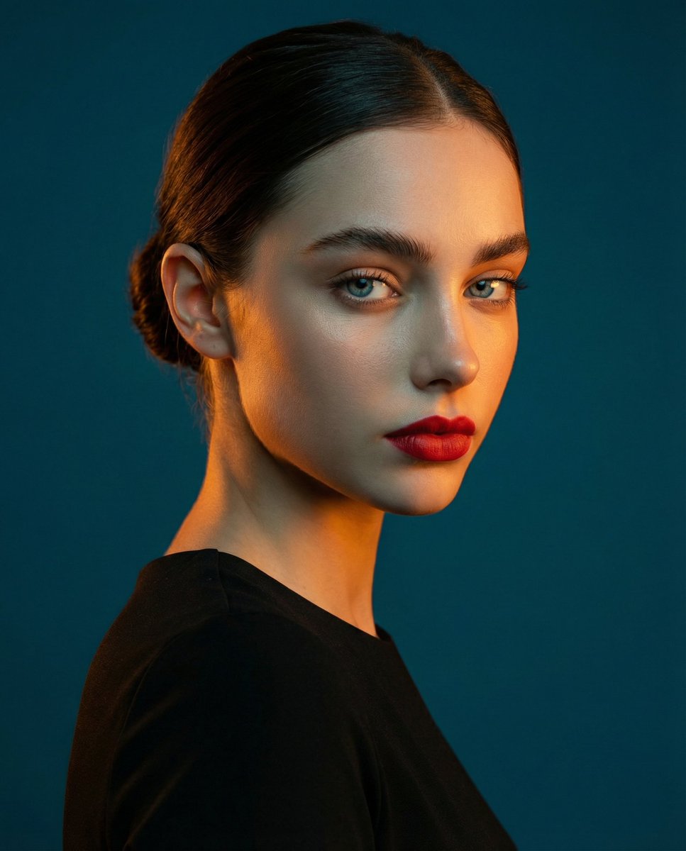 AI Prompt for High Contrast Portrait Photography with Teal and Orange Light